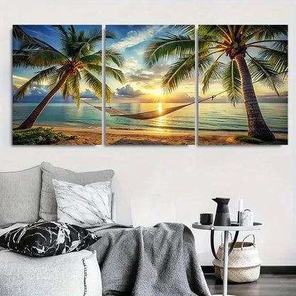 3pcs Beach Sunset Palm Tree Hammock & Ocean Metal Print Ready to Hang Art