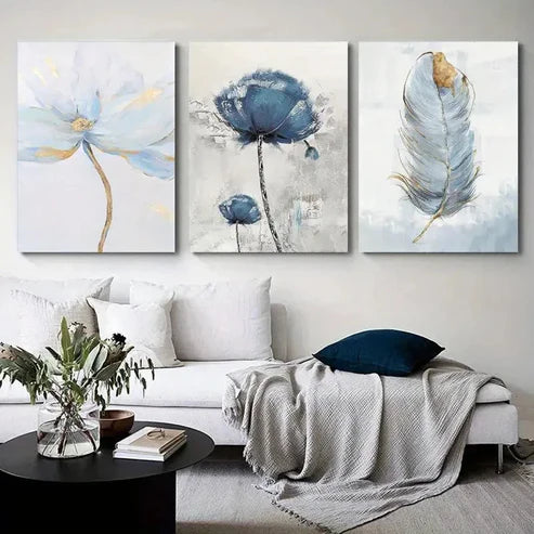 3pcs Blue Flower & Feather Wall Art Canvas Unframed - High Quality Print 100% Australian Made Wall Canvas