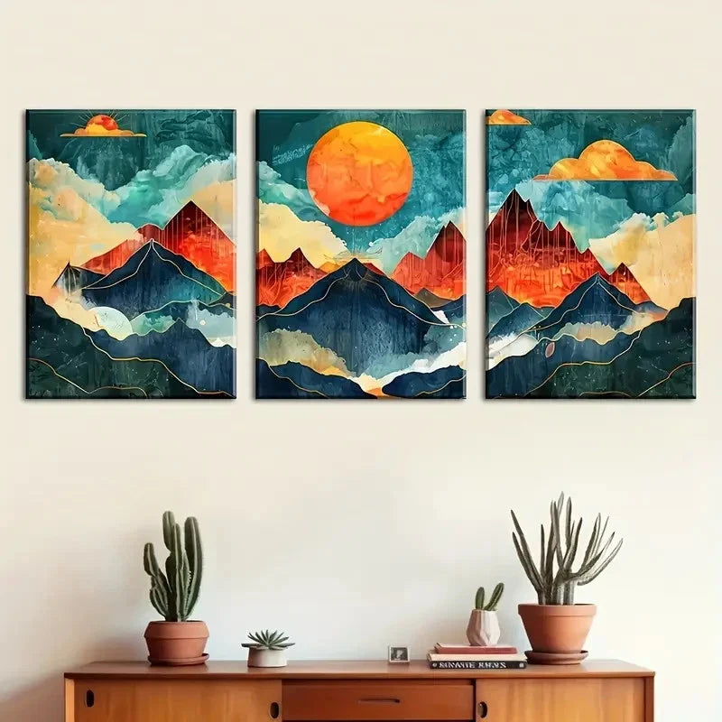 3pcs Vibrant Abstract Mountain & Sun Design Metal Print Ready to Hang Art