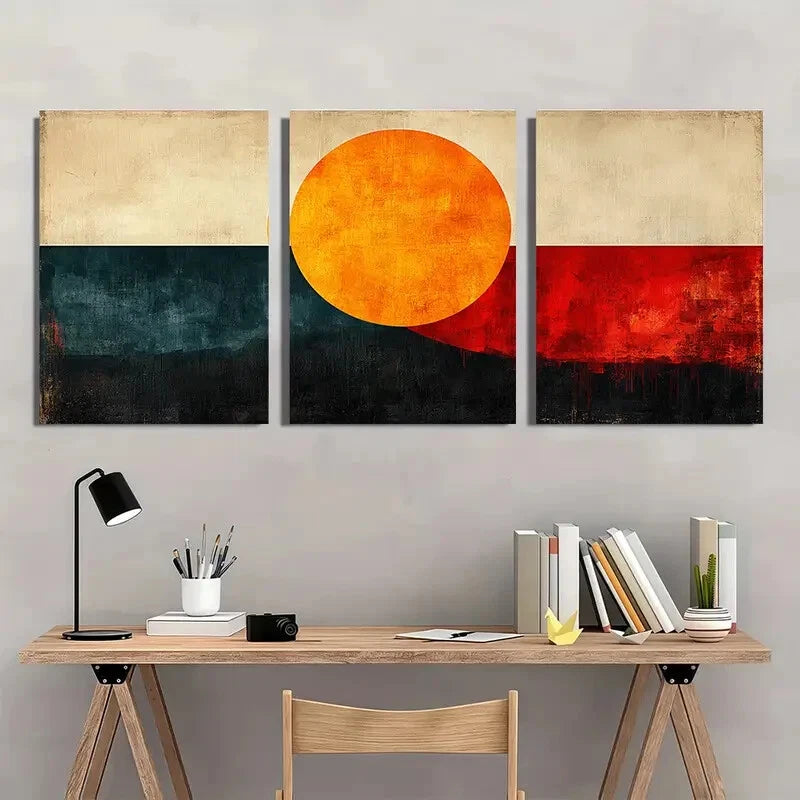 3pcs Featuring Orange Circle & Geometric Patterns Metal Print Ready to Hang Art