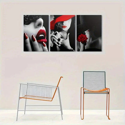 3pcs Red Lipstick and Rose Modern Black and White Metal Print Ready to Hang Art