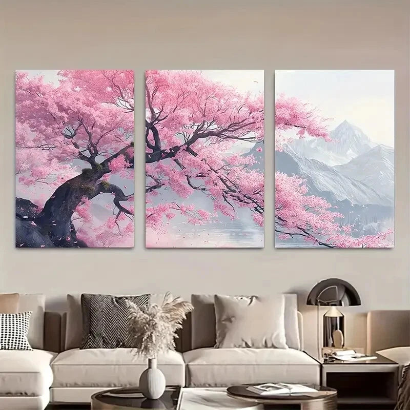 3pcs Cherry Blossom Tree & Mountain Scenery Metal Print Ready to Hang Art