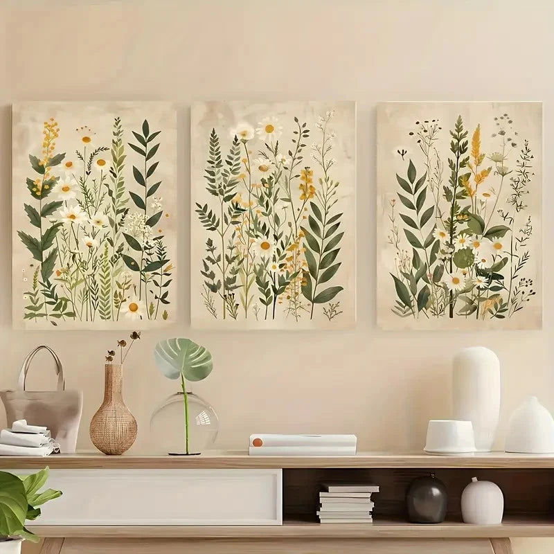 3pcs Vintage Wildflower Daisy Oil Paintings Metal Print Ready to Hang Art