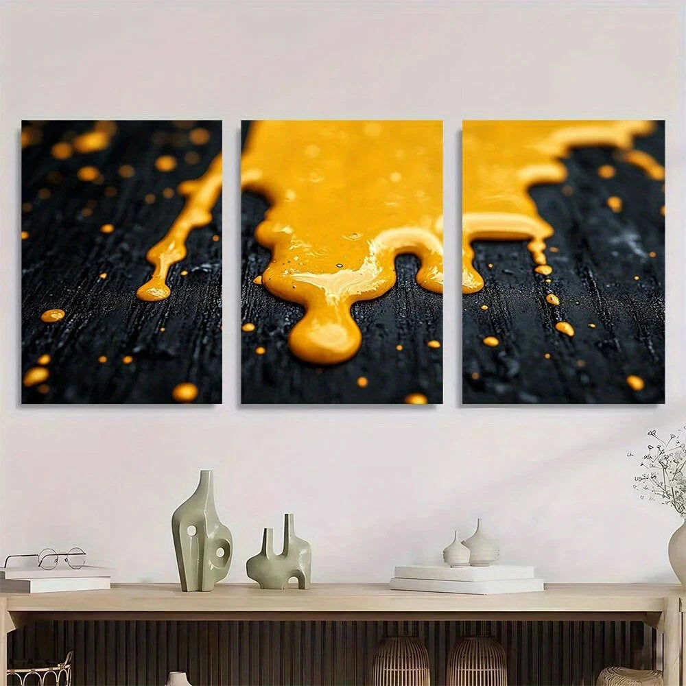3pcs Abstract Bold Modern Yellow & Black Metal Print Ready to Hang Art