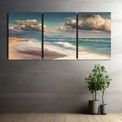 3pcs Beach with Waves and Sand Under a Beautiful Metal Print Ready to Hang Art