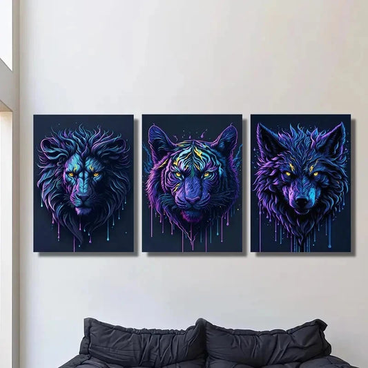 3pcs ,Portrait, Lion Tiger And Wolf, Neon Metal Print Ready to Hang Art