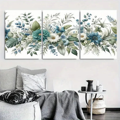 3pcs Vibrant Blue Green Floral Bouquet Wall Art Set Canvas Framed 40x60cm - High Quality Print 100% Australian Made Wall Canvas Ready to Hang