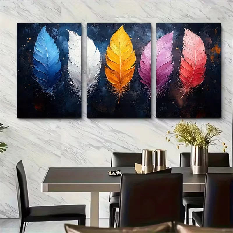 3pcs Minimalist Artwork Colorful Feather Metal Print Ready to Hang Art