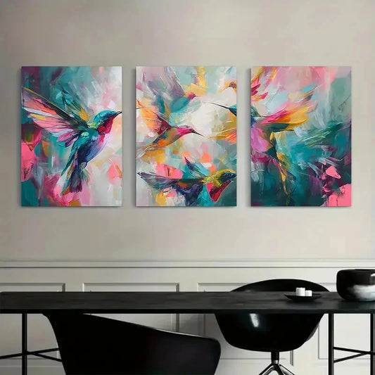 3pcs Abstract Hummingbird Oil Painting Metal Print Ready to Hang Art