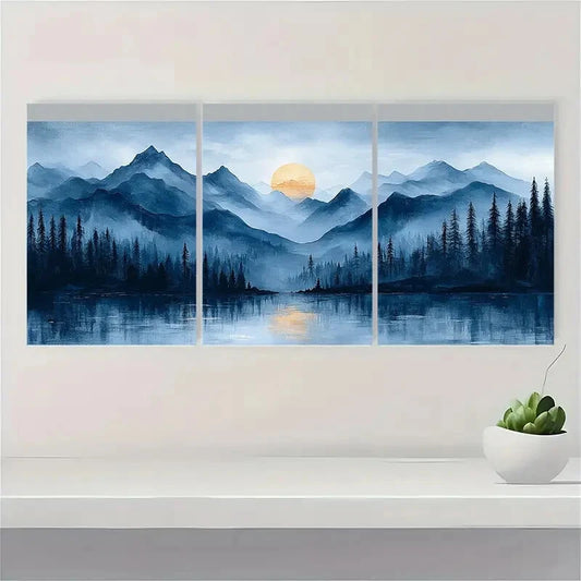 3pcs Blue Gray Abstract Landscape Modern Art Metal Print Ready to Hang Art