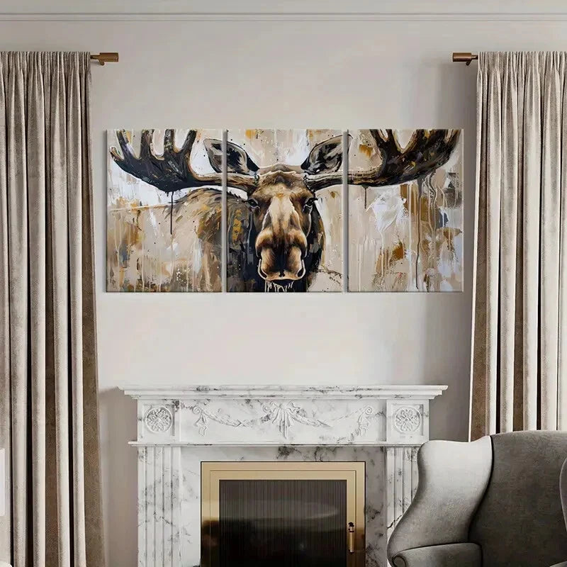 3pcs Abstract Moose Art Wildlife Painting Metal Print Ready to Hang Art
