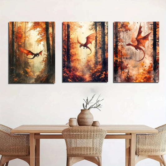 3pcs Autumn Forest Dragon Watercolor Metal Print Ready to Hang Art