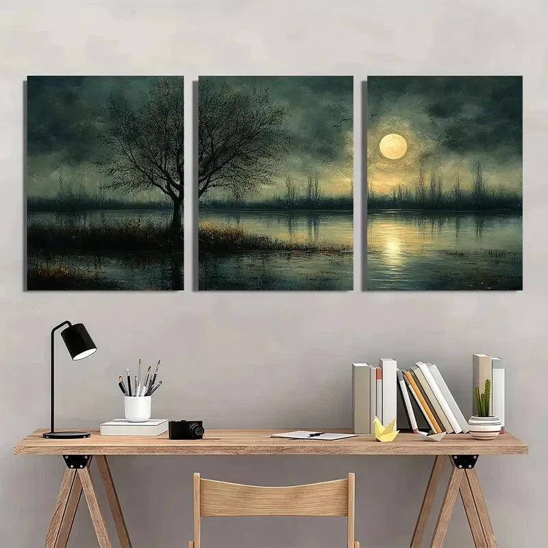 3pcs Moonlit Landscape Painting Dark Neutral Tones Metal Print Ready to Hang Art