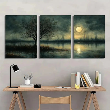 3pcs Moonlit Landscape Painting Dark Neutral Tones Metal Print Ready to Hang Art