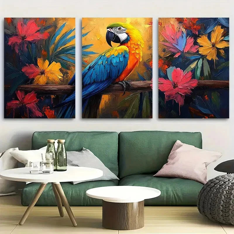 3pcs Vibrant Macaw & Floral Backgrounds Design Metal Print Ready to Hang Art