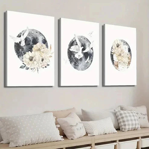 3pcs Moon and Bird Animal Floral Wall Art Set Canvas Unframed - High Quality Print 100% Australian Made Wall Canvas