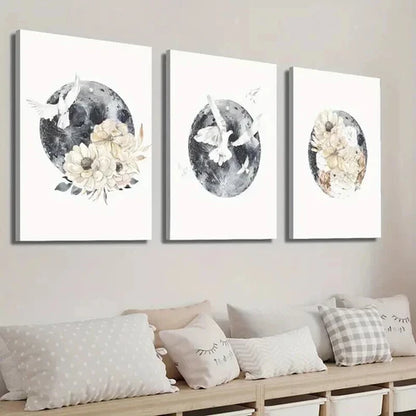 3pcs Moon and Bird Animal Floral Wall Art Set Canvas Unframed - High Quality Print 100% Australian Made Wall Canvas