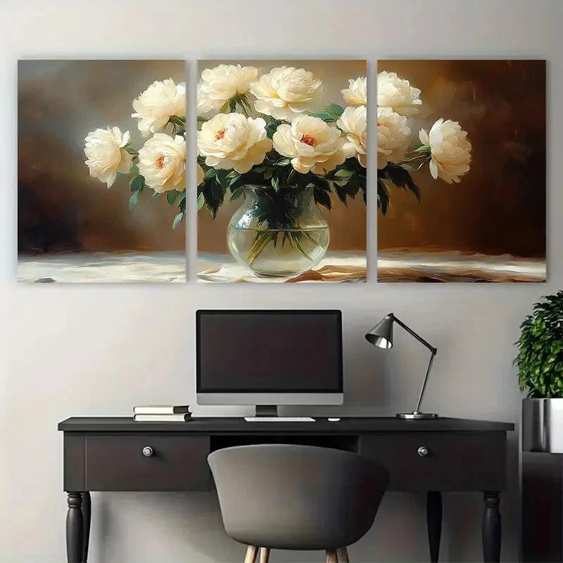 3pcs White Roses Peonies Flowers in a Glass Vase Wall Art Set Canvas Framed 40x60cm - High Quality Print 100% Australian Made Wall Canvas Ready to Hang