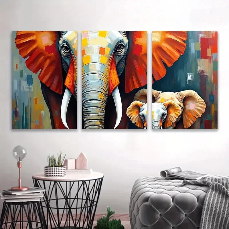 3pcs Abstract Elephant Mother And Calf Painting Wall Art Set Canvas Framed 50x70cm - High Quality Print 100% Australian Made Wall Canvas Ready to Hang