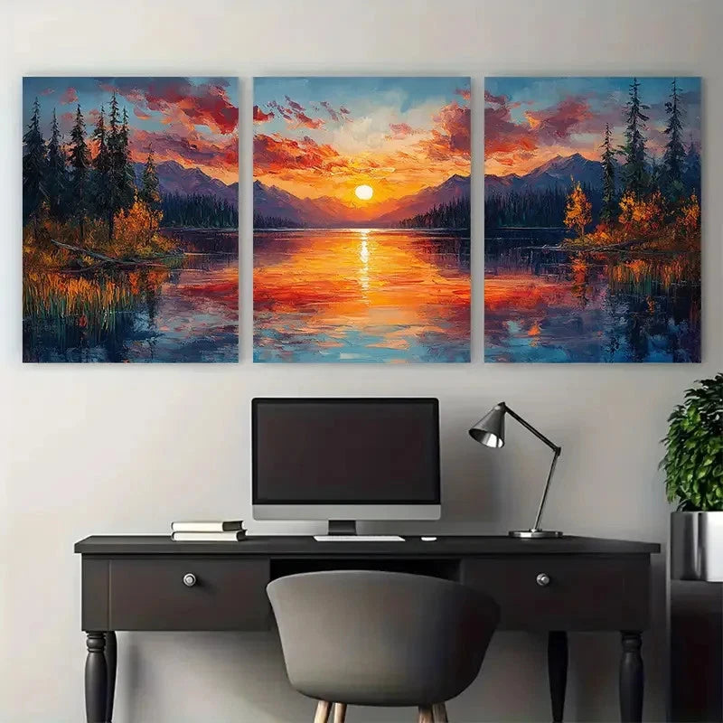 3pcs Colorful Sunset Over a Lake Nature Landscape Metal Print Ready to Hang Art