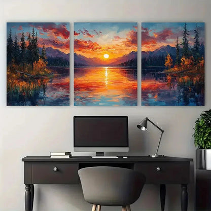 3pcs Colorful Sunset Over a Lake Nature Landscape Metal Print Ready to Hang Art