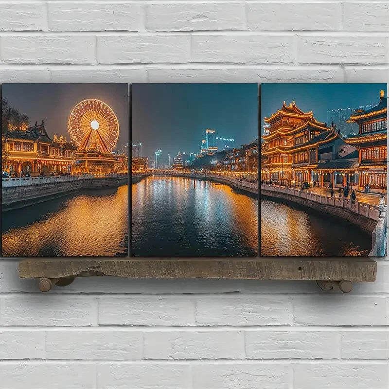 3pcs Watercolor Cityscape with Ferris Wheel Metal Print Ready to Hang Art