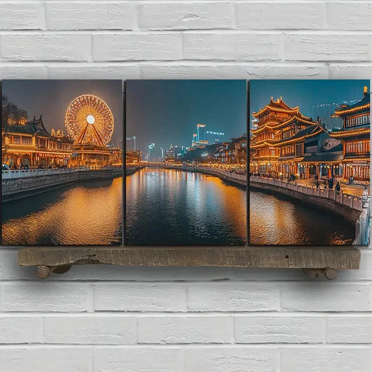 3pcs Watercolor Cityscape with Ferris Wheel Metal Print Ready to Hang Art