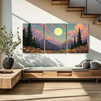 3pcs Moonlit Mountain Landscape Wildflowers Metal Print Ready to Hang Art