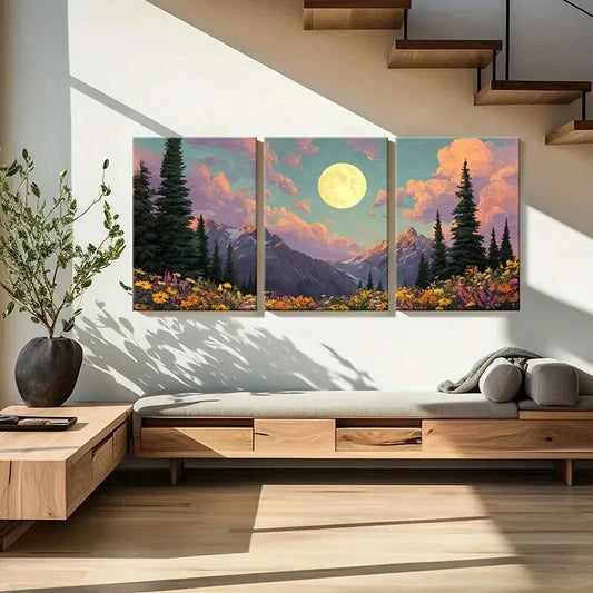 3pcs Moonlit Mountain Landscape Wildflowers Metal Print Ready to Hang Art
