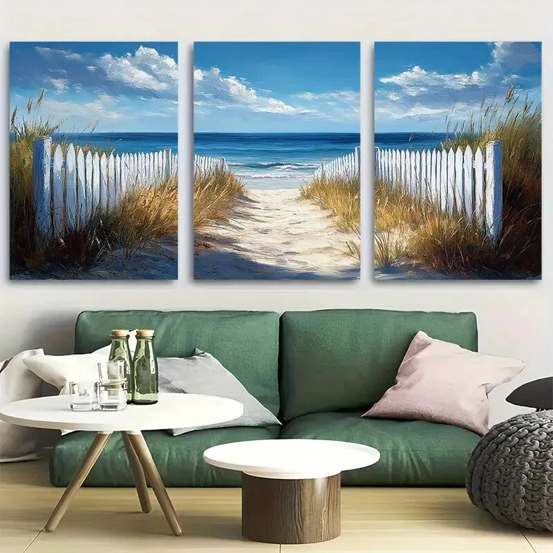 3pcs Beach White Picket Fence Metal Print Ready to Hang Art