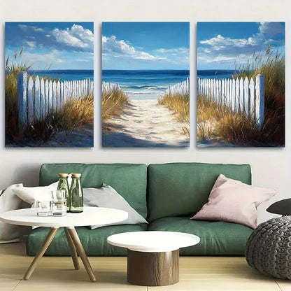 3pcs Beach White Picket Fence Metal Print Ready to Hang Art