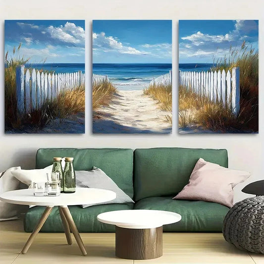 3pcs Beach White Picket Fence Metal Print Ready to Hang Art