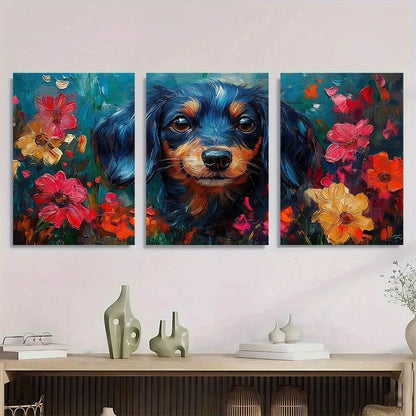 3pcs Dachshund Dog Colourful Flowers Metal Print Ready to Hang Art