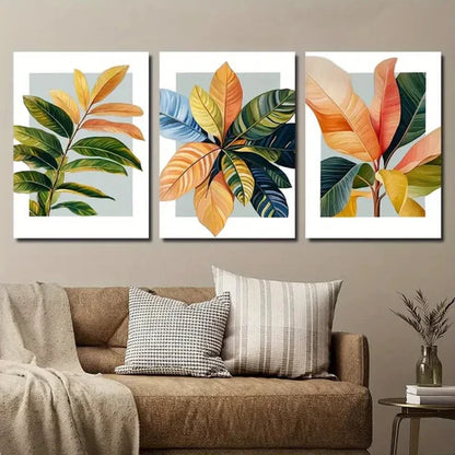 3pcs Modern Botanical Orange Blue Leave Wall Art Canvas Unframed - High Quality Print 100% Australian Made Wall Canvas