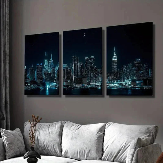 3pcs Night Moon Cityscape Skyscrapers Wall Art Set Canvas Framed 40x60cm - High Quality Print 100% Australian Made Wall Canvas Ready to Hang