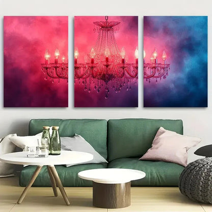 3pcs Crystal Chandelier Elegant Pink Abstract Metal Print Ready to Hang Art