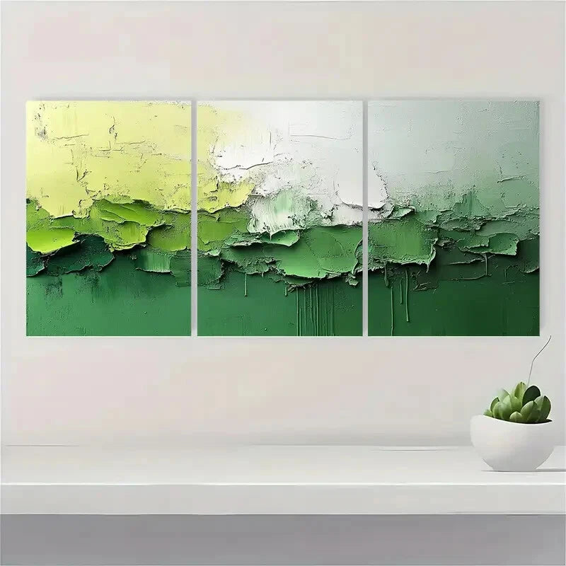 3pcs Abstract Painting Light Green and White Metal Print Ready to Hang Art