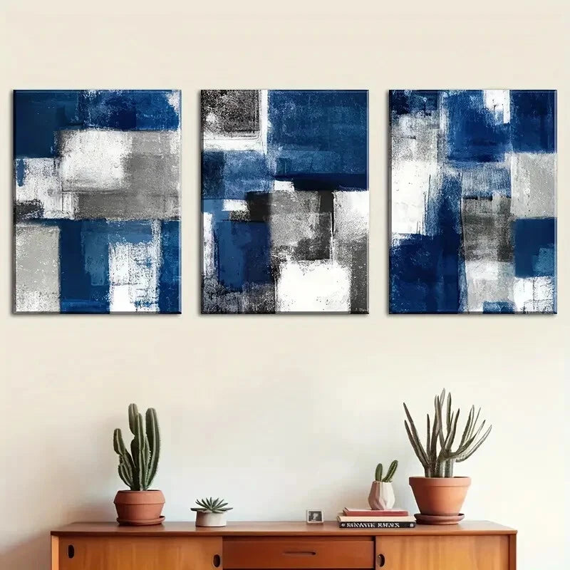 3pcs Abstract Blue Geometric White Black & Silver Metal Print Ready to Hang Art