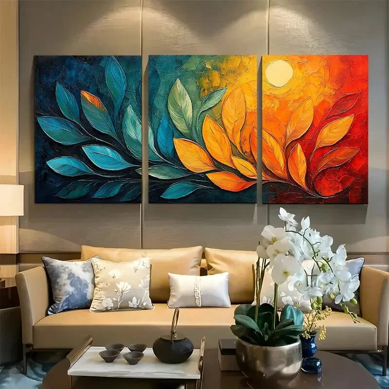 3pcs Abstract Retro Style Elegant Green and Orange Metal Print Ready to Hang Art