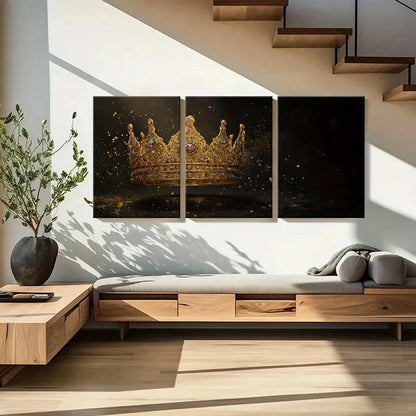 3pcs Golden Crown Jewels Royal Luxury Metal Print Ready to Hang Art