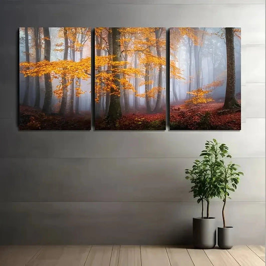 3pcs Art Painting Misty Autumn Forest Metal Print Ready to Hang Art