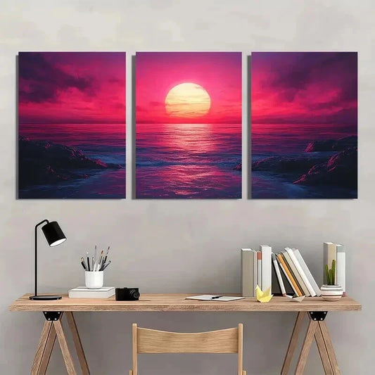 3pcs Vibrant Abstract Sunset in the Ocean Wall Art Set Canvas Framed 40x60cm - High Quality Print 100% Australian Made Wall Canvas Ready to Hang