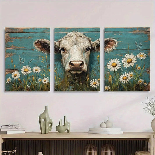 3pcs Rustic Farmhouse Teal & White Cow Daisies Metal Print Ready to Hang Art