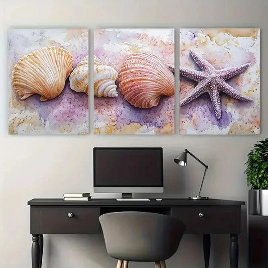 3pcs Delicate SeaShell Coral Starfish Illustration Metal Print Ready to Hang Art