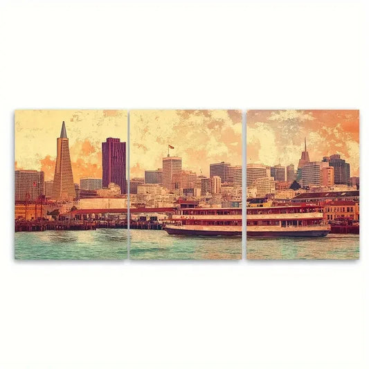 3pcs Vibrant Scenic Waterfront & Skyline View Metal Print Ready to Hang Art