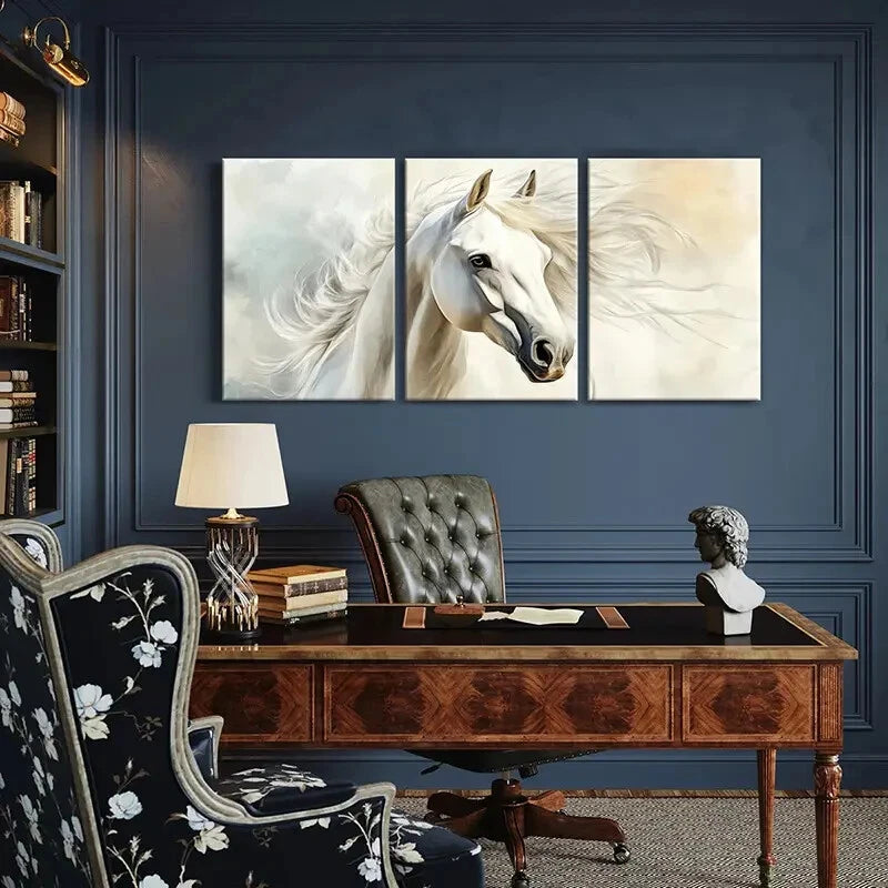3pcs White Horse Art Equestrian Decor Metal Print Ready to Hang Art