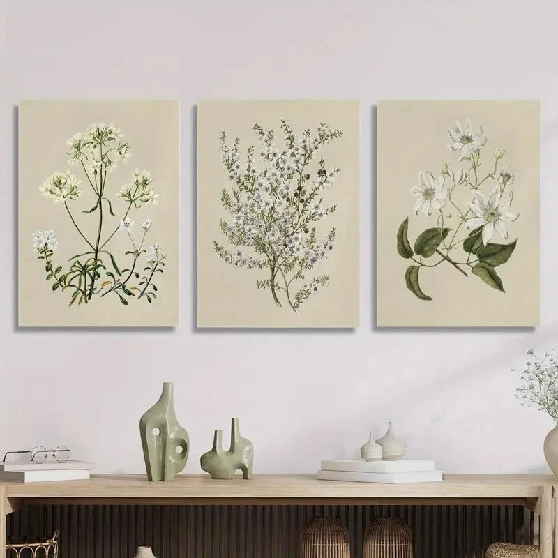 3pcs Botanical Art Painting Retro Flowers Plants Metal Print Ready to Hang Art