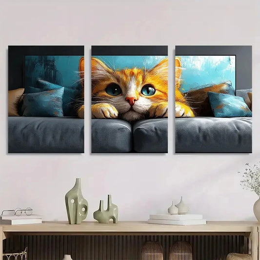 3pcs Whimsical Ginger Cat Black Metal Print Ready to Hang Art
