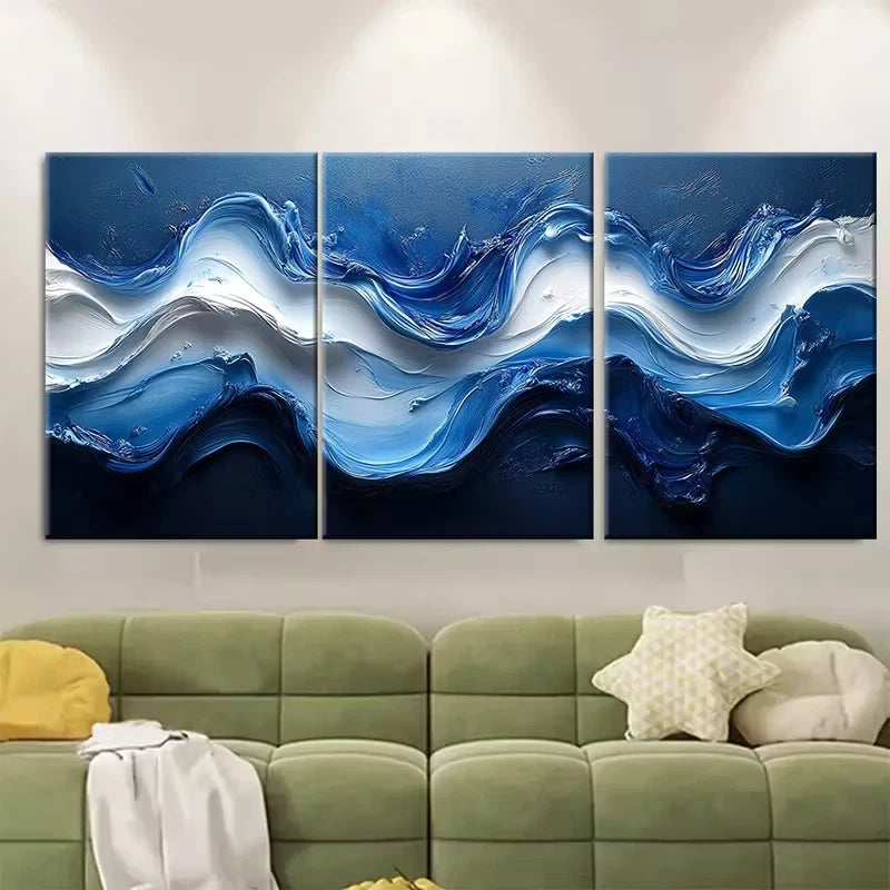 3pcs Wavy Blue and White Abstract Metal Print Ready to Hang Art