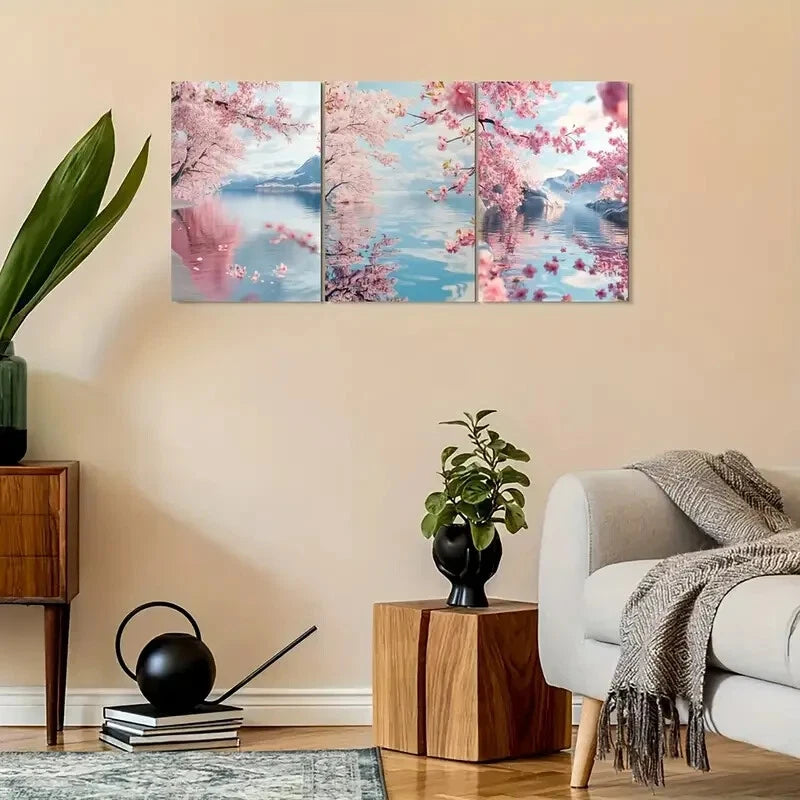 3pcs Combination of Cherry Blossoms And Lake Water Metal Print Ready to Hang Art